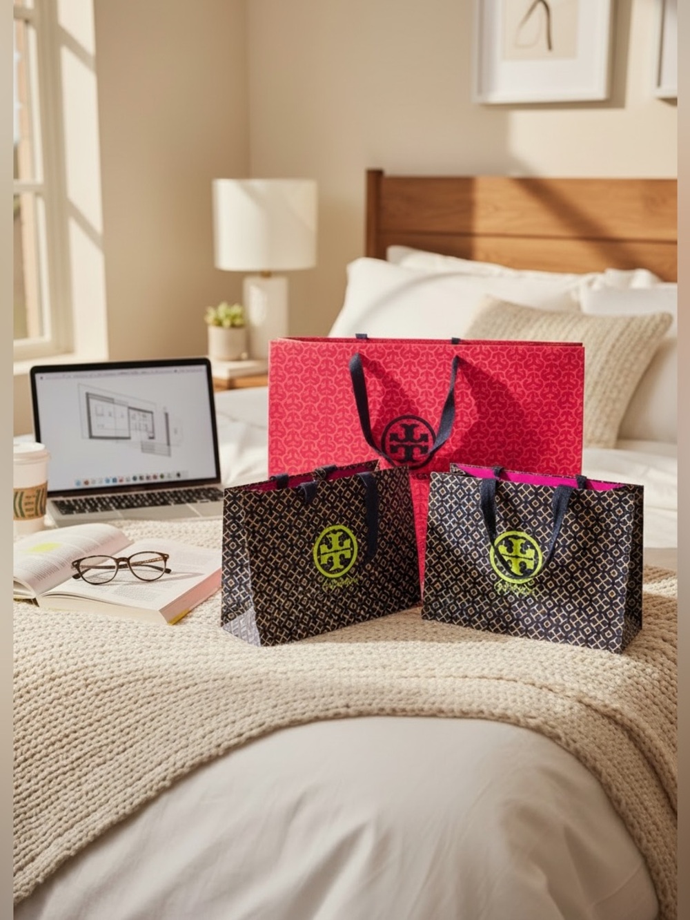 Tory Burch Navy Blue Tote with Pink Pattern and Neon Yellow Logo